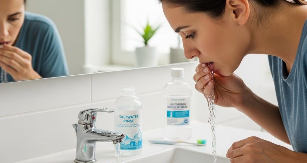 A woman in a bathroom rinsing her mouth, with bottles of saltwater and antibacterial wash, illustrating at-home care for fixing a loose gum flap.