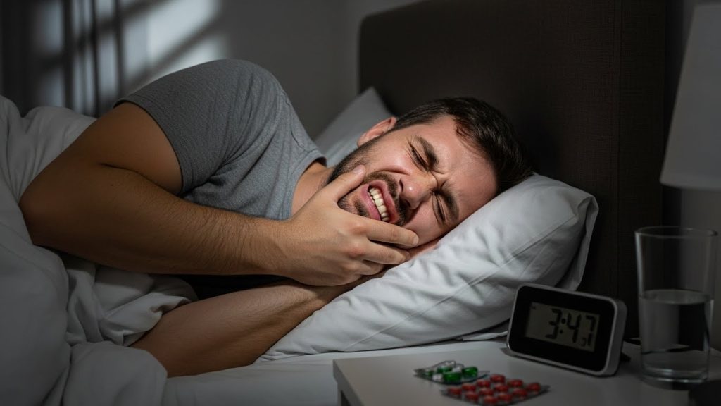 Man clutching his jaw in bed at night, questioning which side should you sleep on with a toothache? Medications and water are nearby.