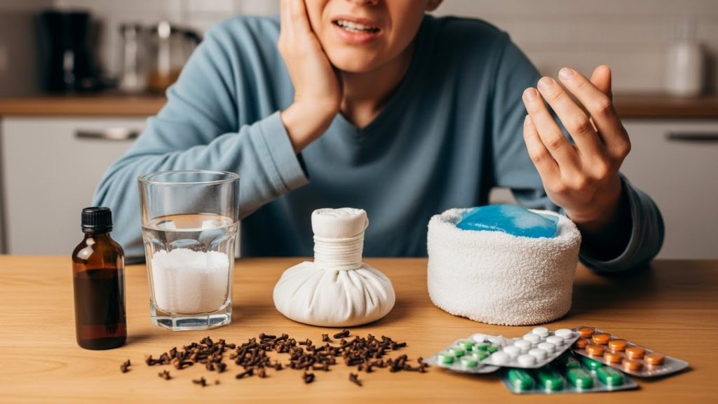 Person clenching their jaw and holding their face from a toothache, sitting behind a collection of remedies like cloves, salt water, cold packs, and OTC pills.