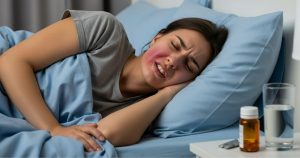 Woman in bed with facial pain, clutching her jaw and wondering which side should you sleep on with a toothache? Medicine is on the nightstand.