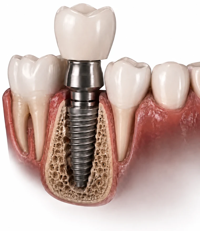 Cross section of a dental implant in the jawbone showing the crown, abutment and titanium post