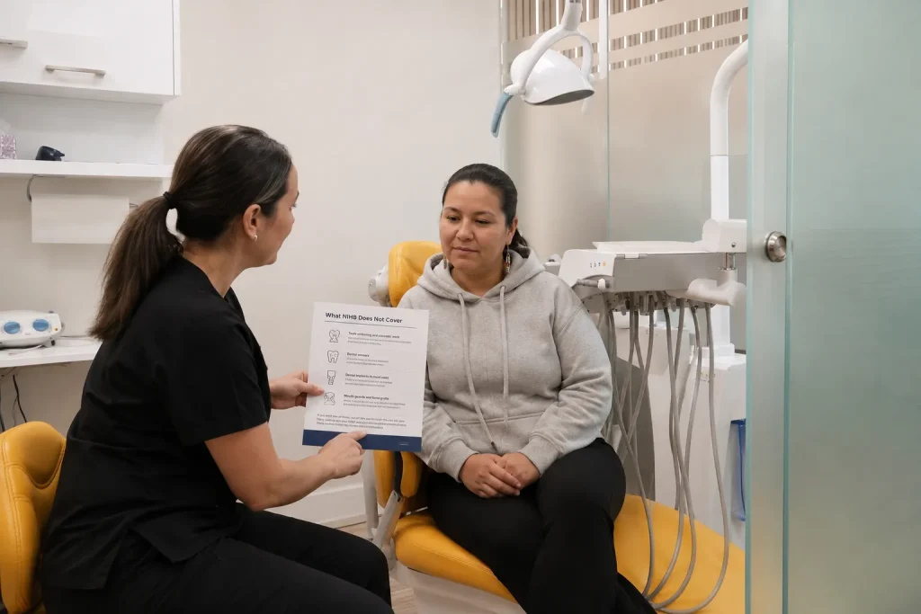 Dental team member explaining treatments not covered by NIHB to a patient at Walk in Dental Clinic