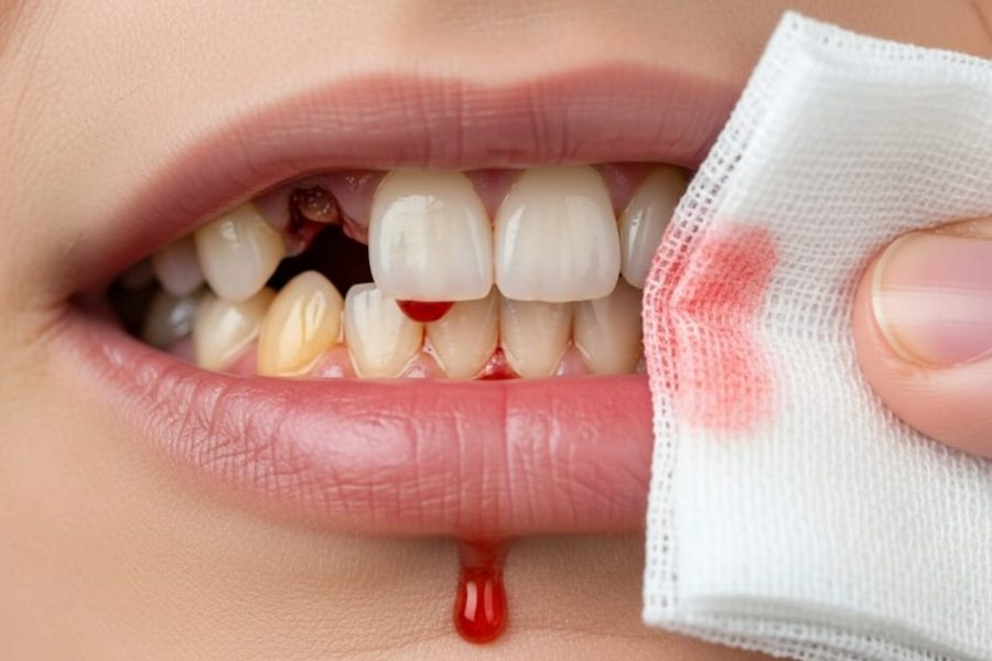 Close-up of a person's mouth with visible bleeding after tooth extraction, a drop of blood hangs from the lip, and a gauze pad stained with blood is held to the side.