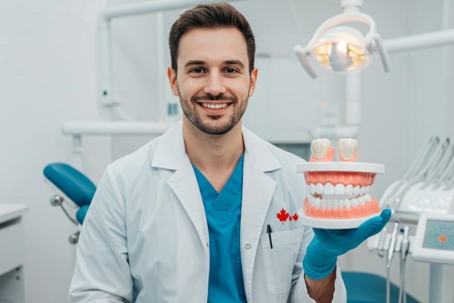 a dentist is holding a set of dentures and crowns showing CDCP coverage for crowns root canals and dentures.