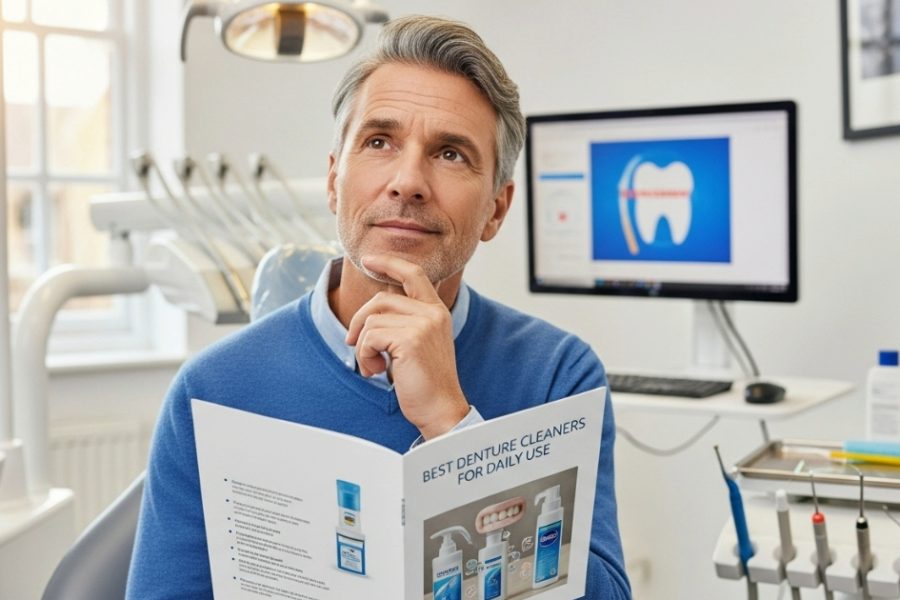 A thoughtful patient reviews a brochure on the best denture cleaners for daily use while sitting in a modern dental office.
