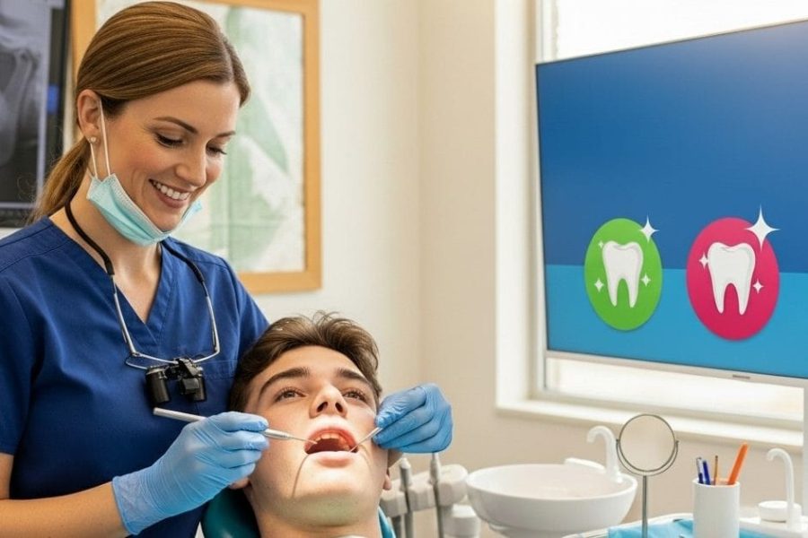 Image displaying a dentist examining a patient, using tools while an X-ray and icons of teeth and a toothbrush are displayed in a modern dental office, highlighting how dental cleanings prevent emergencies.