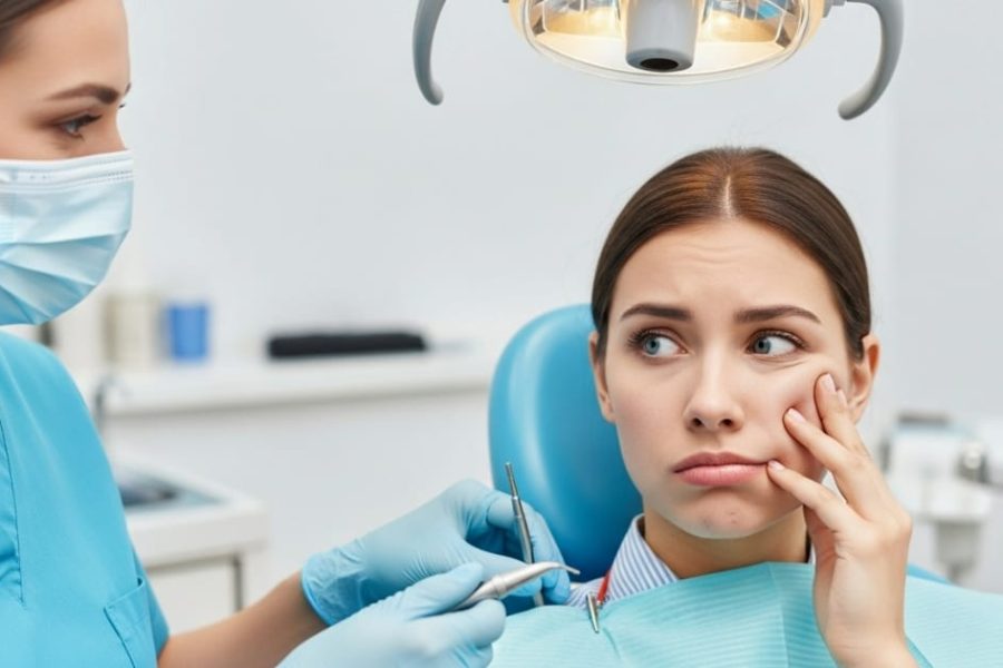 A concerned female patient in a dental chair holds her cheek and grimaces at the lingering effects of local dental numbing duration.