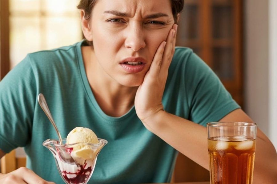 A woman winces, holding her jaw in pain after eating ice cream, illustrating sensitivity caused by an exposed tooth root.