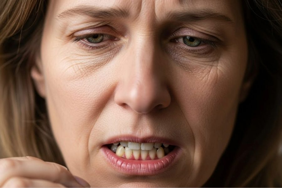 A close-up of a person showing visible gum recession and irritation, emphasizing the importance of fixing a loose gum flap for oral health.