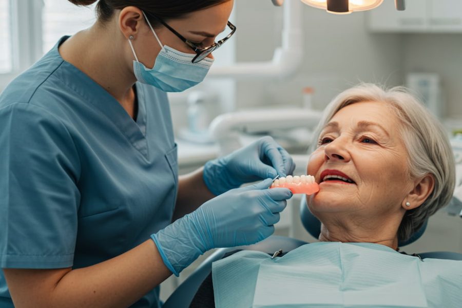 pictures of denture sores: a dentist gently examining an older patient’s dentures in a bright, modern dental clinic, showing professional care and comfort.