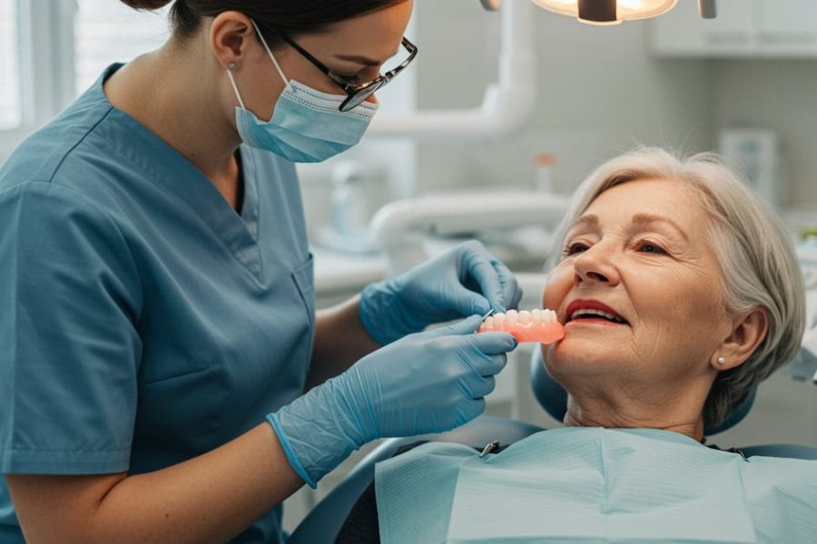 pictures of denture sores: a dentist gently examining an older patient’s dentures in a bright, modern dental clinic, showing professional care and comfort.