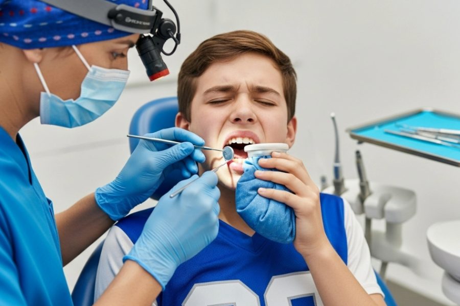 A dentist examines a boy holding an ice pack to his mouth demonstrating sports related dental injuries.