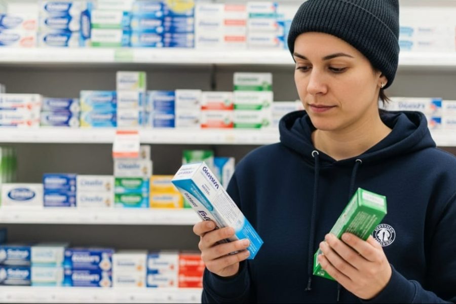 A woman in a navy hoodie and black beanie compares two boxes of "Dentist-Recommended Toothpastes 2025" on a pharmacy shelf.