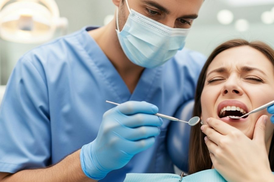 An anxious female patient holds her cheek while a male dentist in blue scrubs, mask, and gloves examines her mouth with dental tools, suggesting urgent dental care North York.