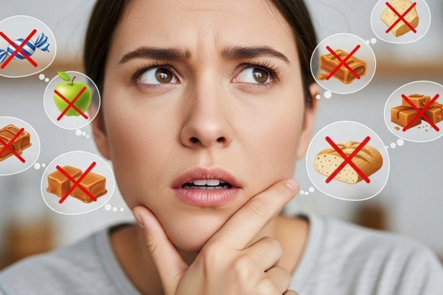 A woman looking confused with thought bubbles showing foods crossed out: hard candy, apple, caramel, bread, wondering what not to eat after dental crown placements.