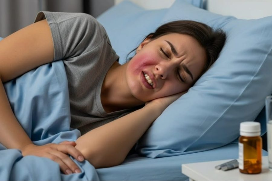 Woman in bed with facial pain, clutching her jaw and wondering which side should you sleep on with a toothache? Medicine is on the nightstand.